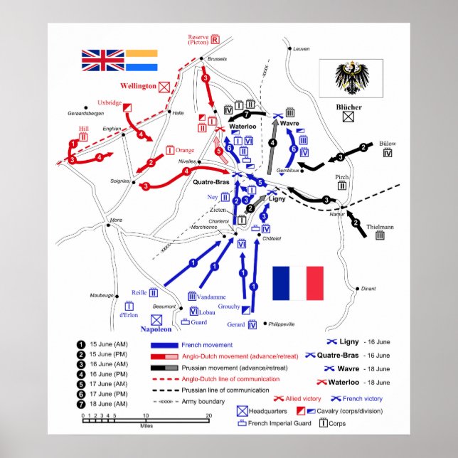Map of Strategic Movements in Waterloo Campaign Poster (Front)