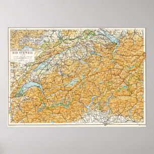 Map of Switzerland Published in 1913 Baedeker Poster