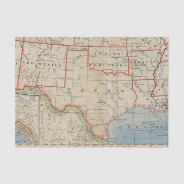 Map of Texas and Surrounding States Circa 1888 Tissue Paper (Front)