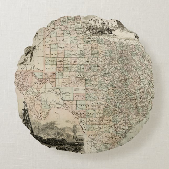 Map of Texas with County Borders Round Cushion (Front)