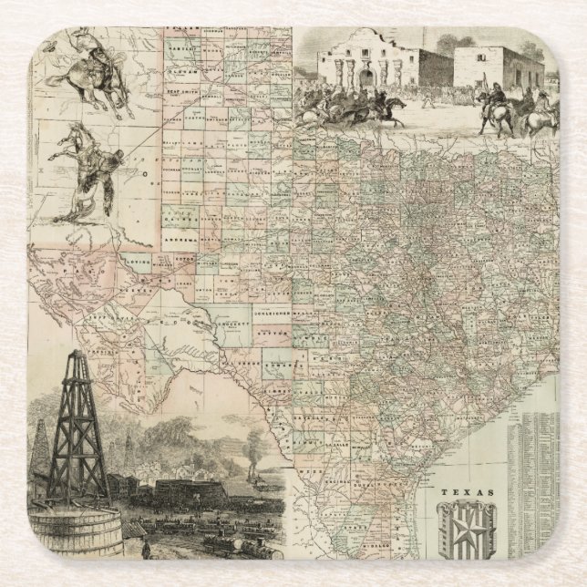 Map of Texas with County Borders Square Paper Coaster (Front)