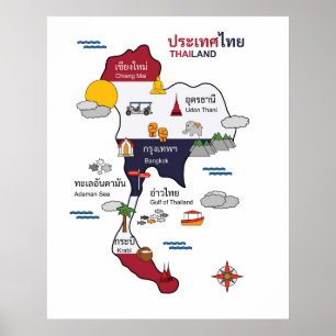 Map of Thailand Tourist Travel Art Poster