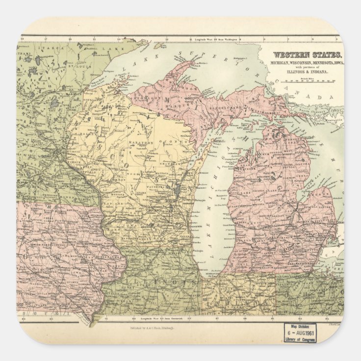 Map of the American MidWest (1873) Square Sticker | Zazzle