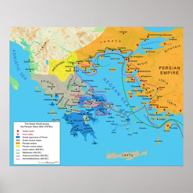 Map of the Greek World During Greco Persian Wars Poster (Front)