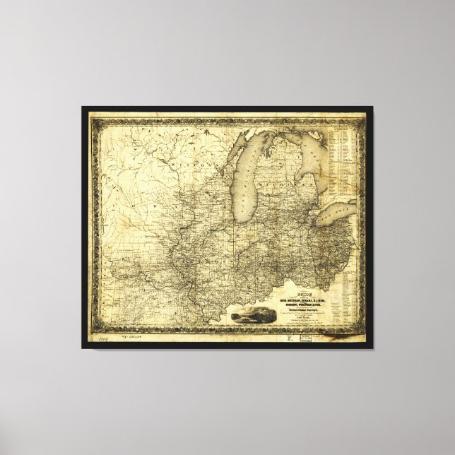 Map of the Midwest United States (c 1840) Canvas Print (Front)