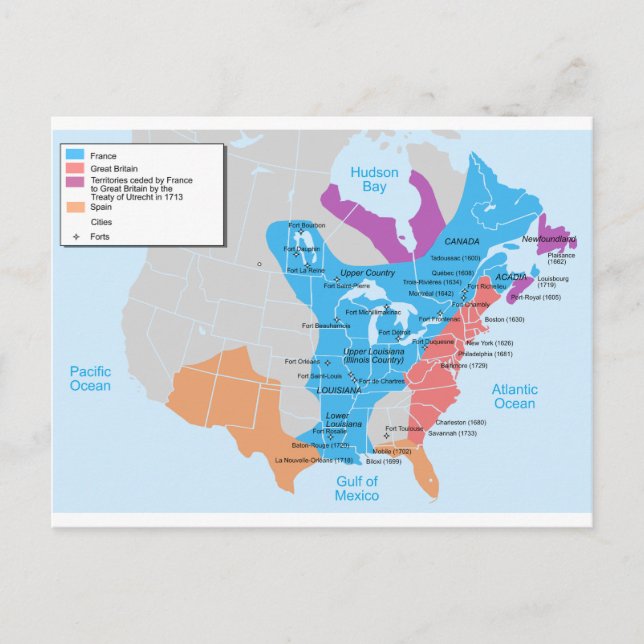 Map of the New-France in 1750 Postcard (Front)