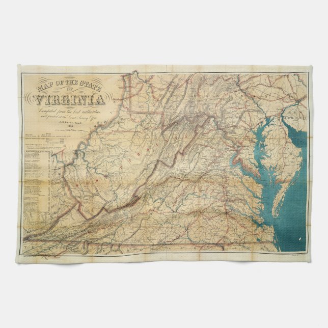 Map of the State of Virginia (1862) Tea Towel (Horizontal)