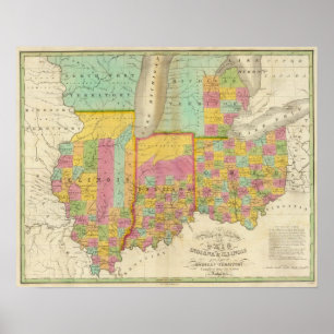 Map of the States Of Ohio Indiana & Illinois Poster