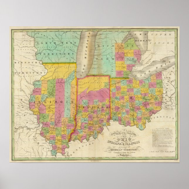Map of the States Of Ohio Indiana & Illinois Poster (Front)
