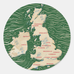 Map of the United Kingdom Vintage green Poster Classic Round Sticker
