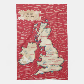 Map of the United Kingdom Vintage Poster red Tea Towel