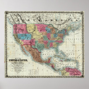 Map Of The United States, Canada, Mexico Poster