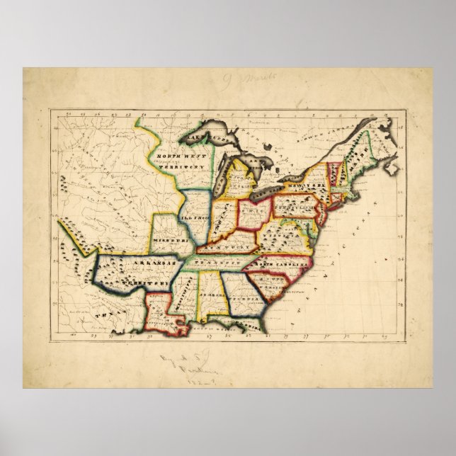 Map of the United States (circa 1819-1824) Poster (Front)