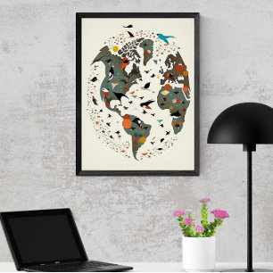 Map Of The World, Charley Harper Inspired Poster