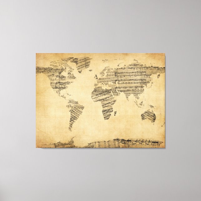 Map of the World Map from Old Sheet Music Canvas Print (Front)