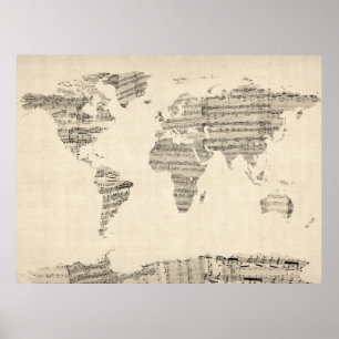 Map of the World Map from Old Sheet Music Poster