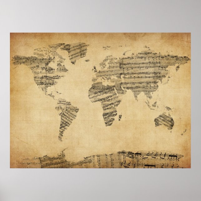 Map of the World Map from Old Sheet Music Poster (Front)