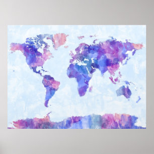 Map of the World Map Watercolor Painting Poster