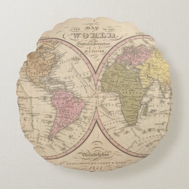 Map Of The World on the Globular Projection 2 Round Cushion (Front)