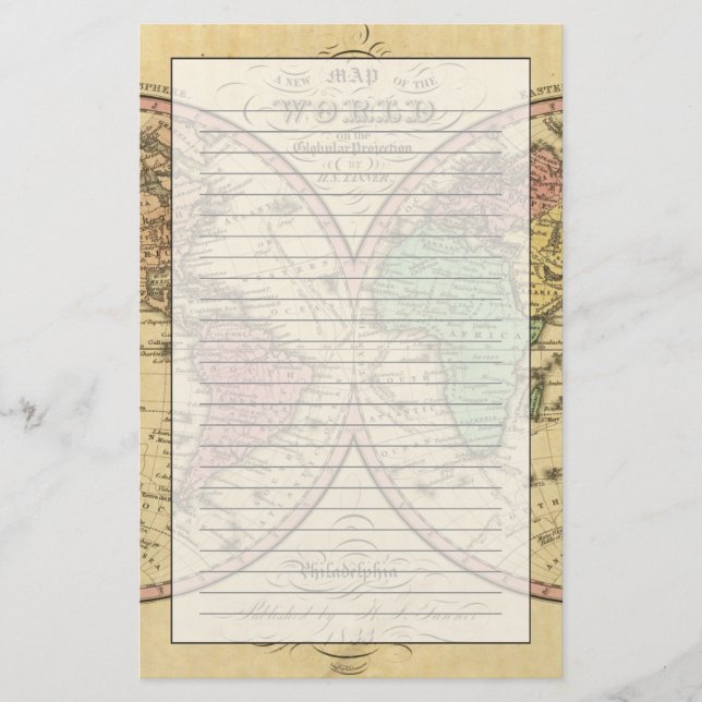 Map Of The World on the Globular Projection Stationery (Front)