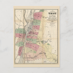 Map of Troy West Troy Green Island New York (1874) Postcard