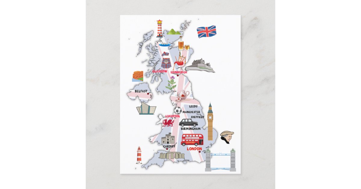 MAP OF UK ILLUSTRATED MAP OF UNITED KINGDOM POSTCARD | Zazzle