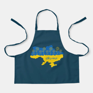 Map of Ukraine with sunflower and Ukrainian flag Apron