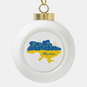 Map of Ukraine with sunflower and Ukrainian flag Ceramic Ball Christmas Ornament