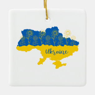 Map of Ukraine with sunflower and Ukrainian flag Ceramic Ornament
