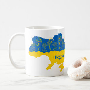 Map of Ukraine with sunflower and Ukrainian flag Coffee Mug
