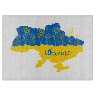 Map of Ukraine with sunflower and Ukrainian flag Cutting Board