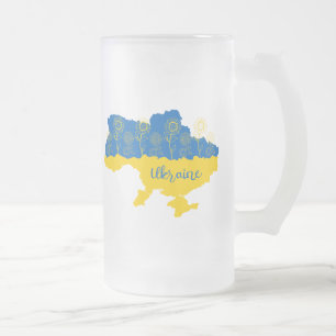 Map of Ukraine with sunflower and Ukrainian flag Frosted Glass Beer Mug