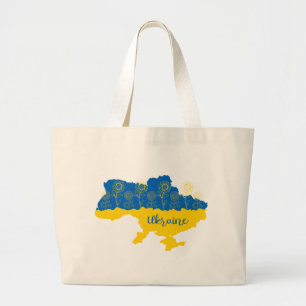 Map of Ukraine with sunflower and Ukrainian flag Large Tote Bag
