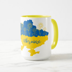 Map of Ukraine with sunflower and Ukrainian flag Mug