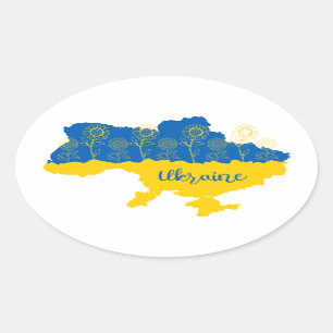 Map of Ukraine with sunflower and Ukrainian flag Oval Sticker