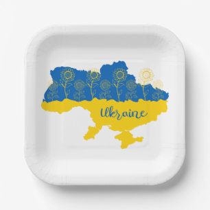 Map of Ukraine with sunflower and Ukrainian flag Paper Plate
