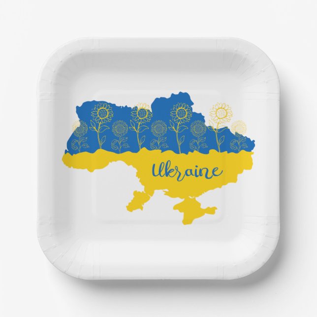 Map of Ukraine with sunflower and Ukrainian flag Paper Plate (Front)