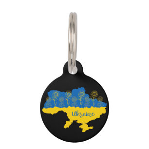 Map of Ukraine with sunflower and Ukrainian flag Pet Tag