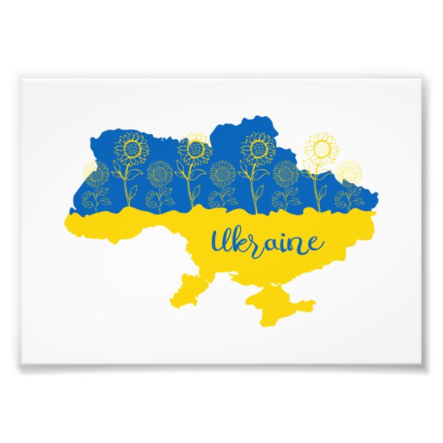 Map of Ukraine with sunflower and Ukrainian flag Photo Print (Front)