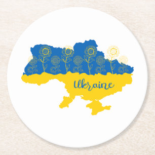 Map of Ukraine with sunflower and Ukrainian flag Round Paper Coaster