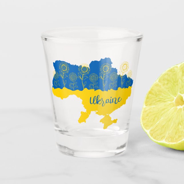 Map of Ukraine with sunflower and Ukrainian flag Shot Glass (Front)