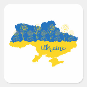 Map of Ukraine with sunflower and Ukrainian flag Square Sticker