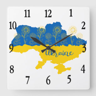 Map of Ukraine with sunflower and Ukrainian flag Square Wall Clock