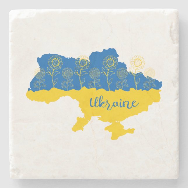 Map of Ukraine with sunflower and Ukrainian flag Stone Coaster (Front)