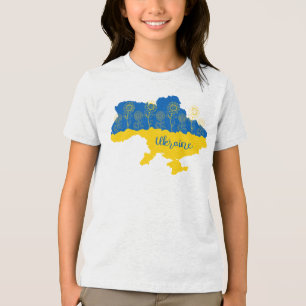 Map of Ukraine with sunflower and Ukrainian flag Tri-Blend Shirt