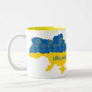 Map of Ukraine with sunflower and Ukrainian flag Two-Tone Coffee Mug