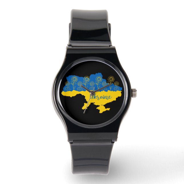 Map of Ukraine with sunflower and Ukrainian flag Watch (Front)