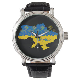 Map of Ukraine with sunflower and Ukrainian flag Watch