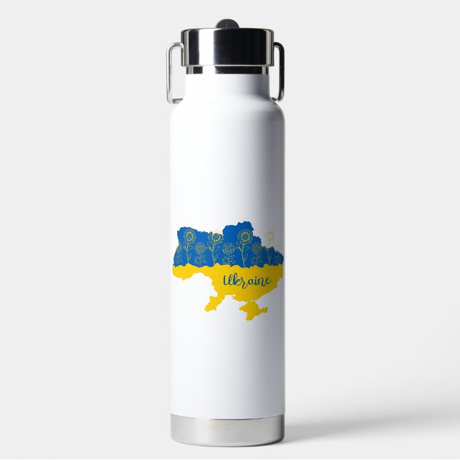 Map of Ukraine with sunflower and Ukrainian flag Water Bottle (Front)