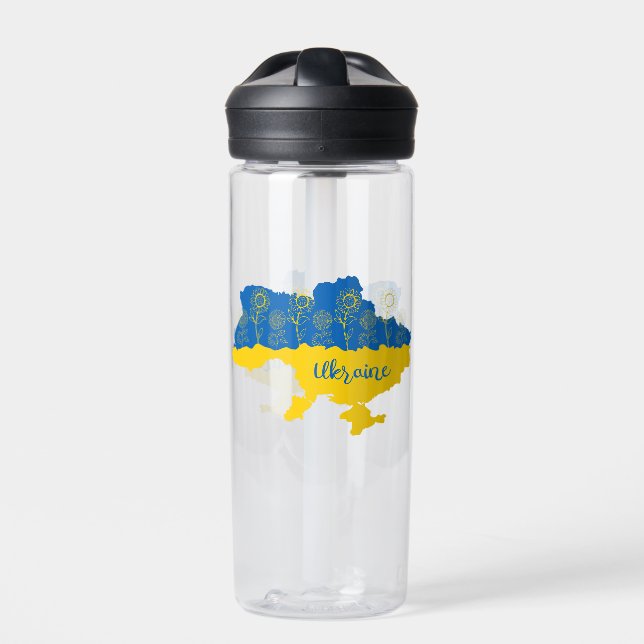 Map of Ukraine with sunflower and Ukrainian flag Water Bottle (Front)